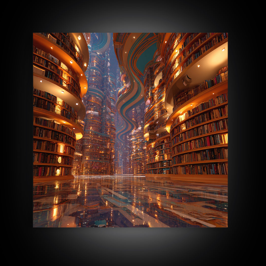 Surreal Infinite Library Fantasy Landscape Wall Art Print, Book Lover Home Decor, Cozy Reading Nook Gallery Wall Art