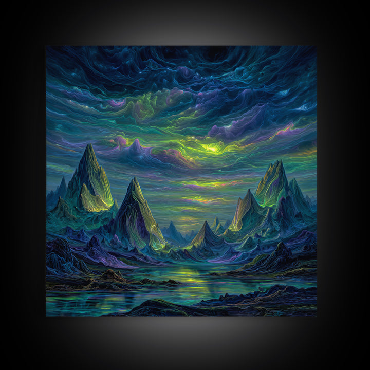 Electric Neon Mountain Landscape Wall Art Canvas Print Futuristic Abstract Landscape Art Modern Home Decor