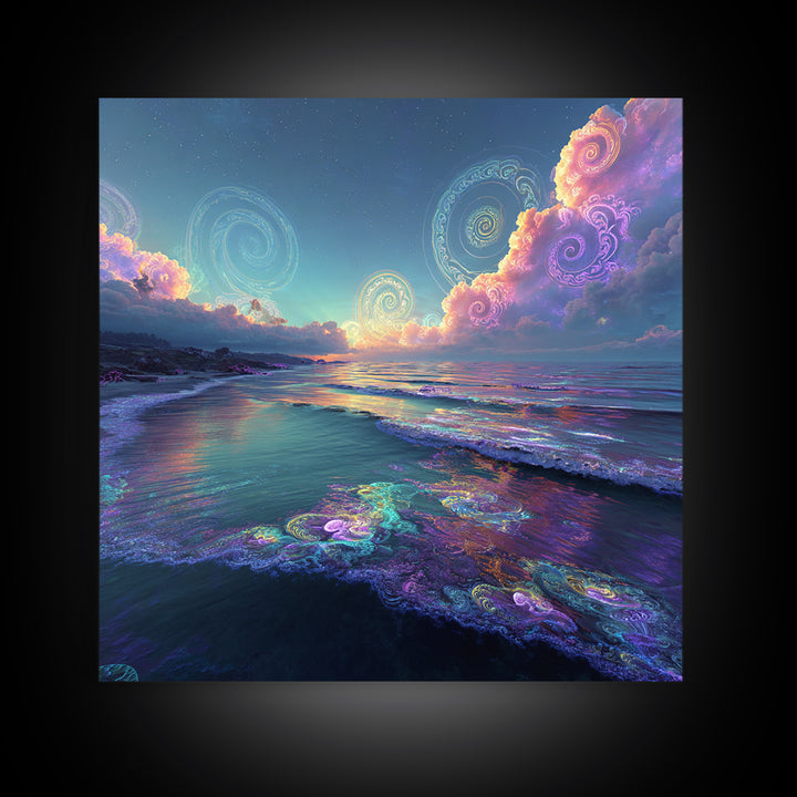 Surreal Neon Ocean Sunset Canvas Print, Retro Coastal Wall Art, Beach House Decor, Modern Seascape Wall Art For Living Room