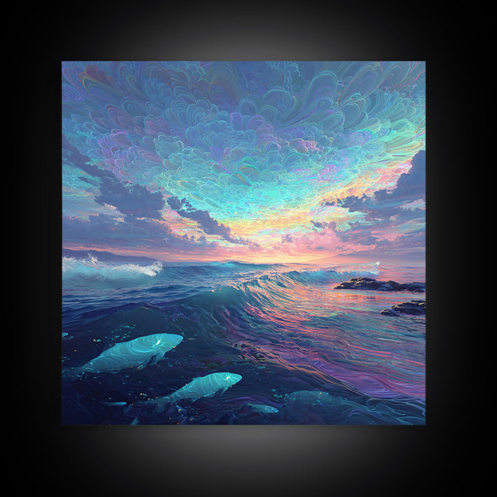 Dreamy Ocean Wave Sunset Wall Art Canvas Print, Colorful Seascape Painting, Modern Coastal Decor, Beach House Wall Art