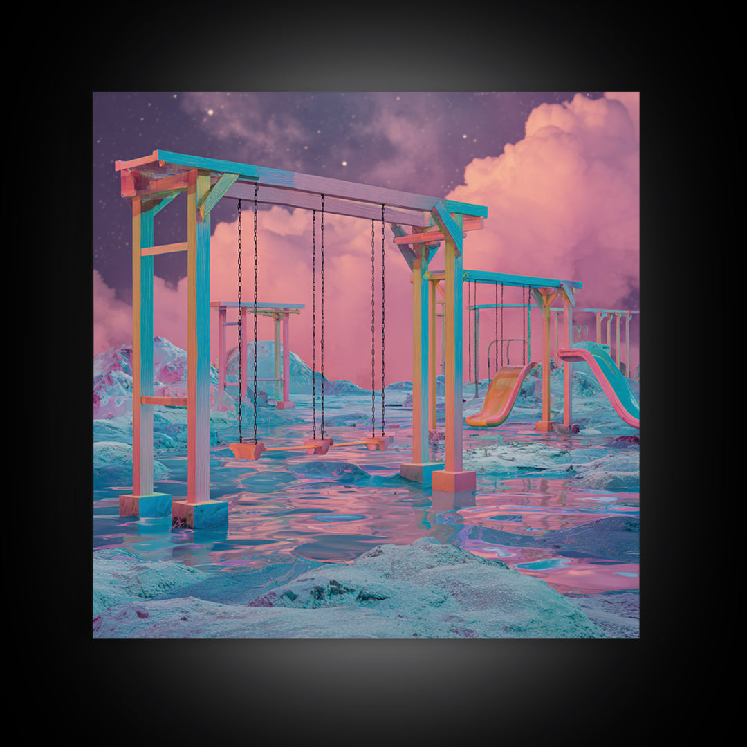Surreal Neon Playground Landscape Wall Art, Dreamy Fantasy Seascape Canvas Print, Modern Home Decor, Statement Artwork