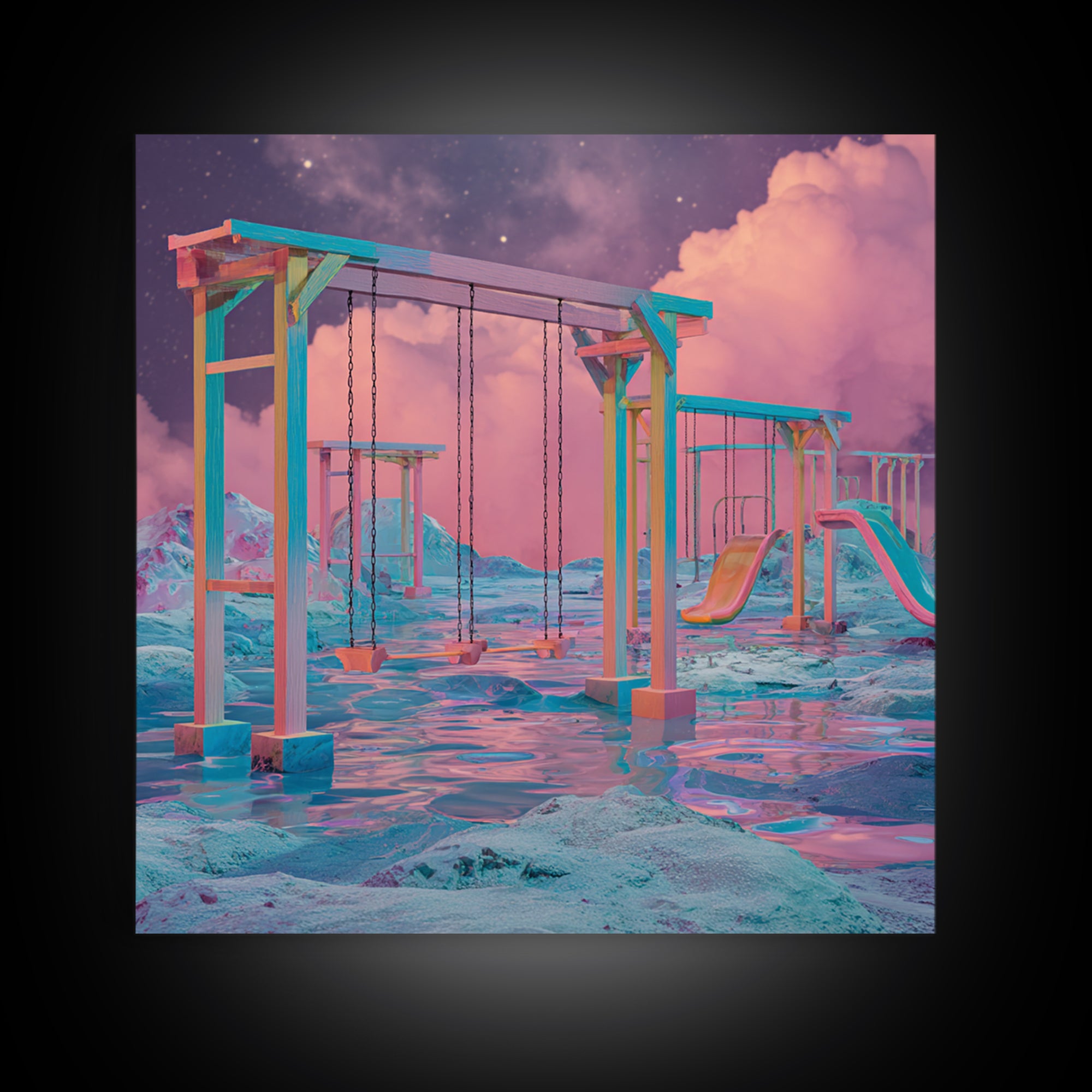 Surreal Neon Playground Landscape Wall Art, Dreamy Fantasy Seascape Canvas Print, Modern Home Decor, Statement Artwork
