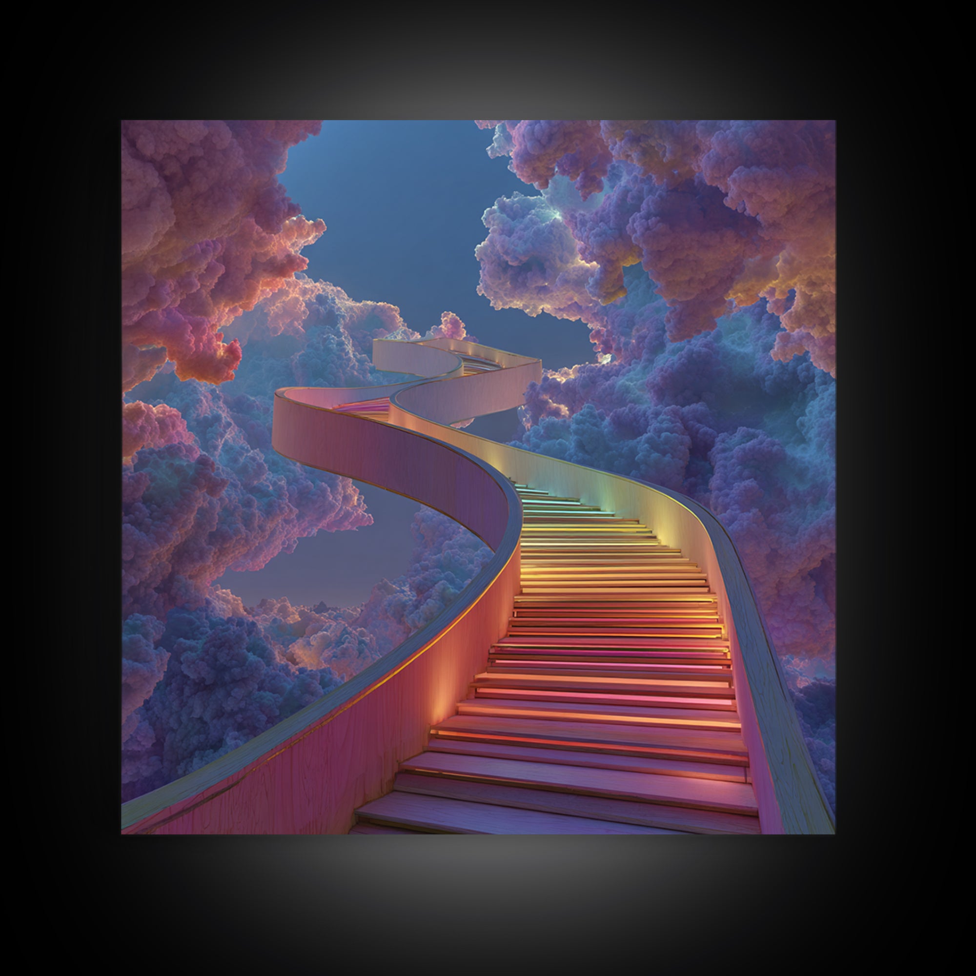 Rainbow Stairway Through Clouds Surreal Fantasy Wall Art, Dreamy Colorful Sky Canvas Print Home Decor