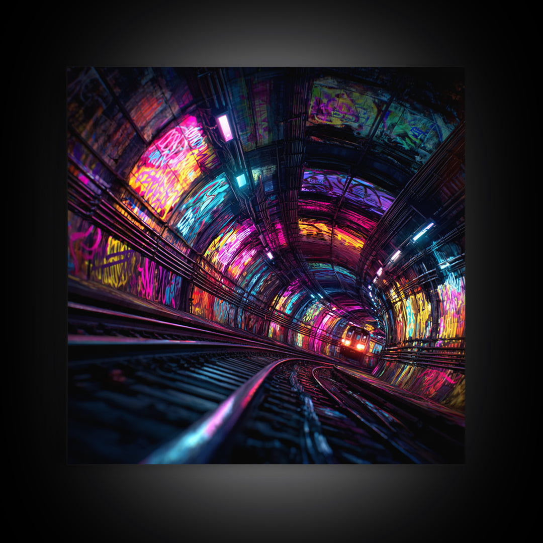 Neon Tunnel Cityscape Wall Art, Futuristic Subway Graffiti Canvas Print, Vibrant Urban Gaming Room Decor