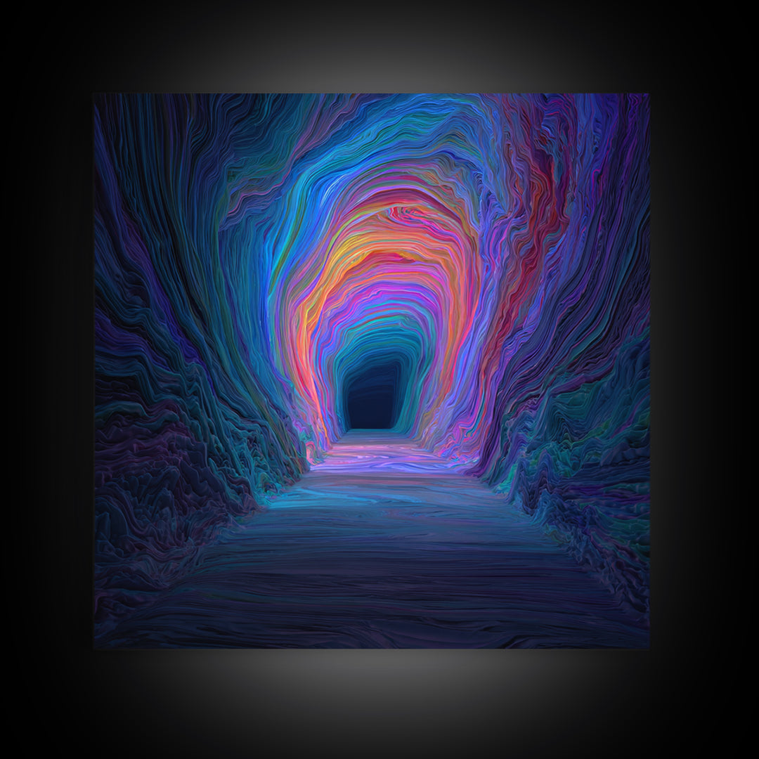 Colorful Abstract Tunnel Wall Art Neon Rainbow Cave Surreal Landscape Modern Statement Canvas Print Gaming Room Decor
