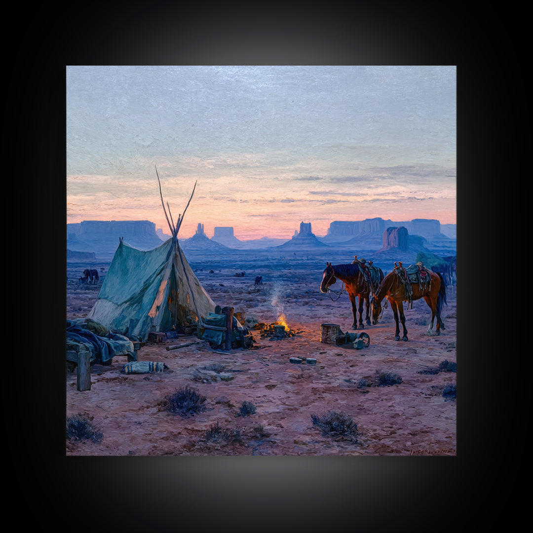 Western Desert Campfire Wall Art, Cowboy Landscape Canvas Print, Rustic Country Western Art For Farmhouse Home Decor