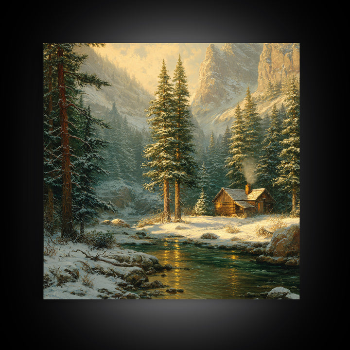 Cozy Winter Cabin By River Landscape Wall Art, Snowy Mountain Sunset Canvas Print, Rustic Farmhouse Decor Living Room Art
