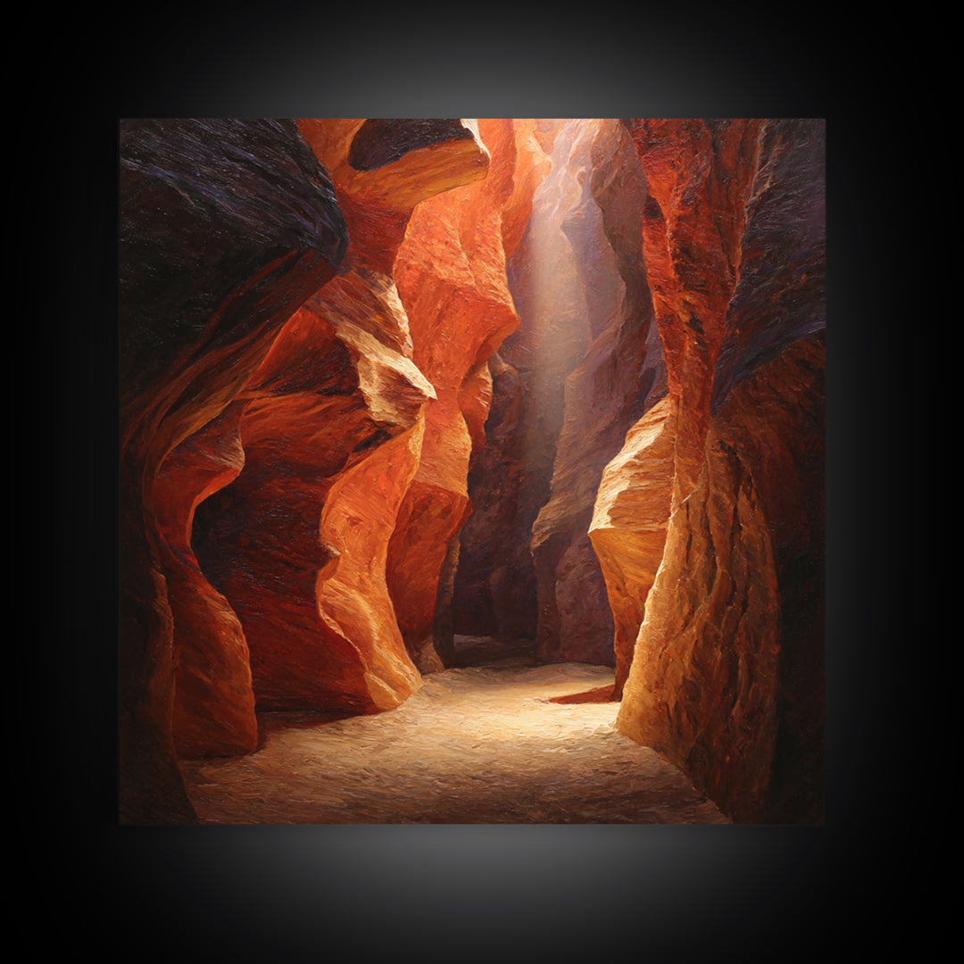 Sunlit Slot Canyon Textured Wall Art, Dramatic Red Rock Landscape Canvas Print, Vertical Desert Painting For Entryway Or Living Room Decor