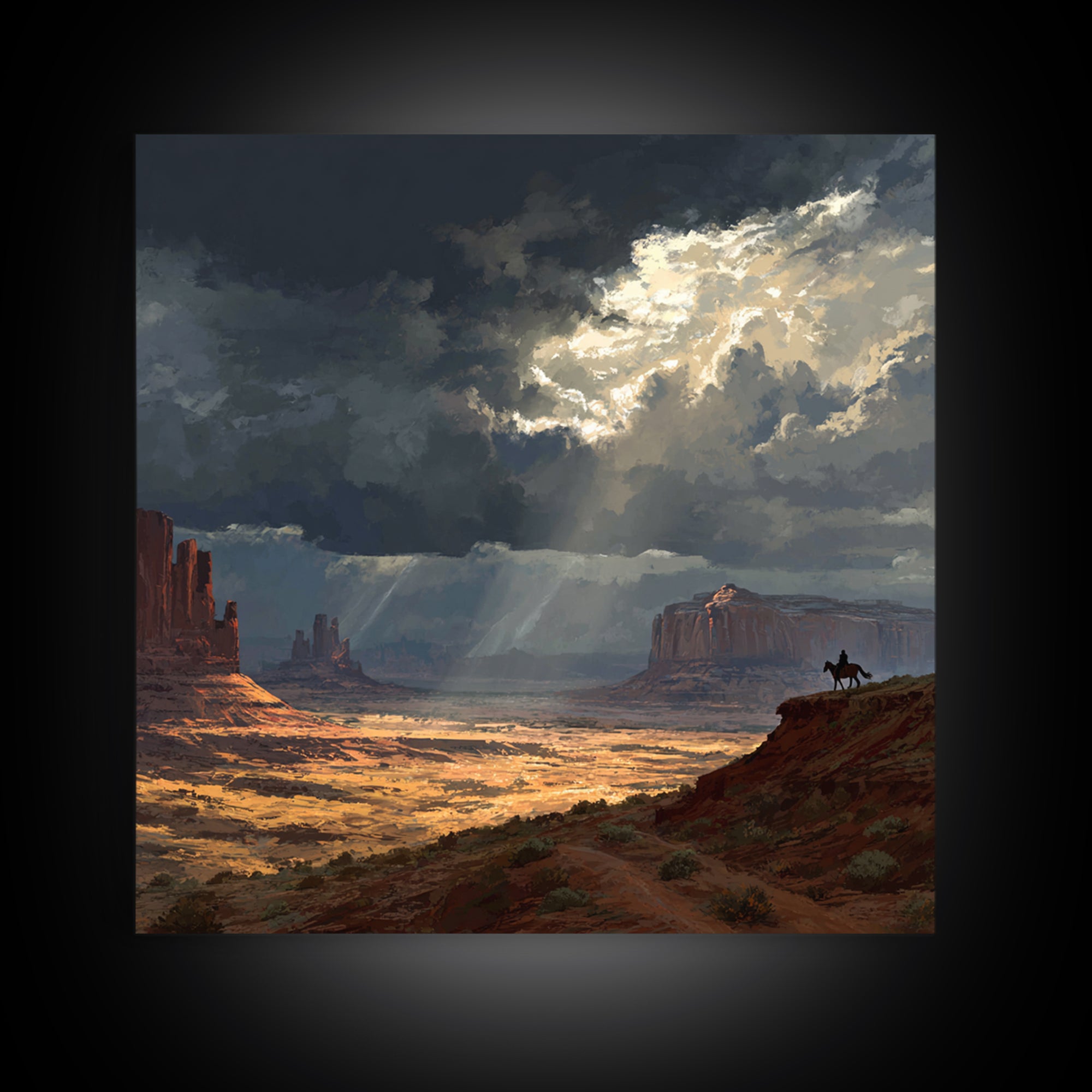 Cowboy In Desert Canyon Landscape Painting Wall Art, Western Sunset Print, Modern Southwest Home Decor For Living Room