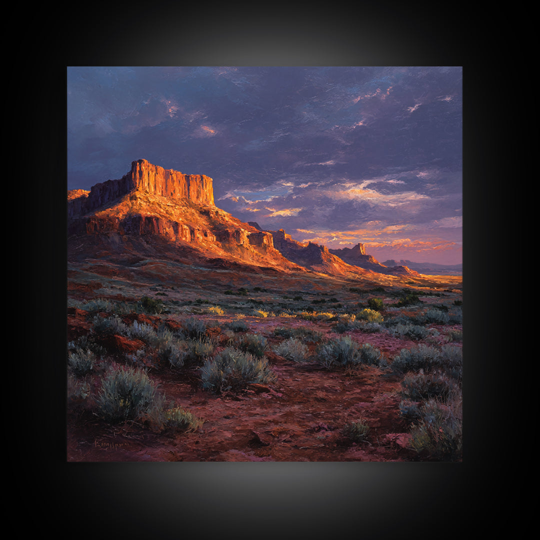 Desert Butte At Sunset Wall Art, Dramatic Western Landscape Canvas Print, Southwest Home Decor For Living Room Or Office