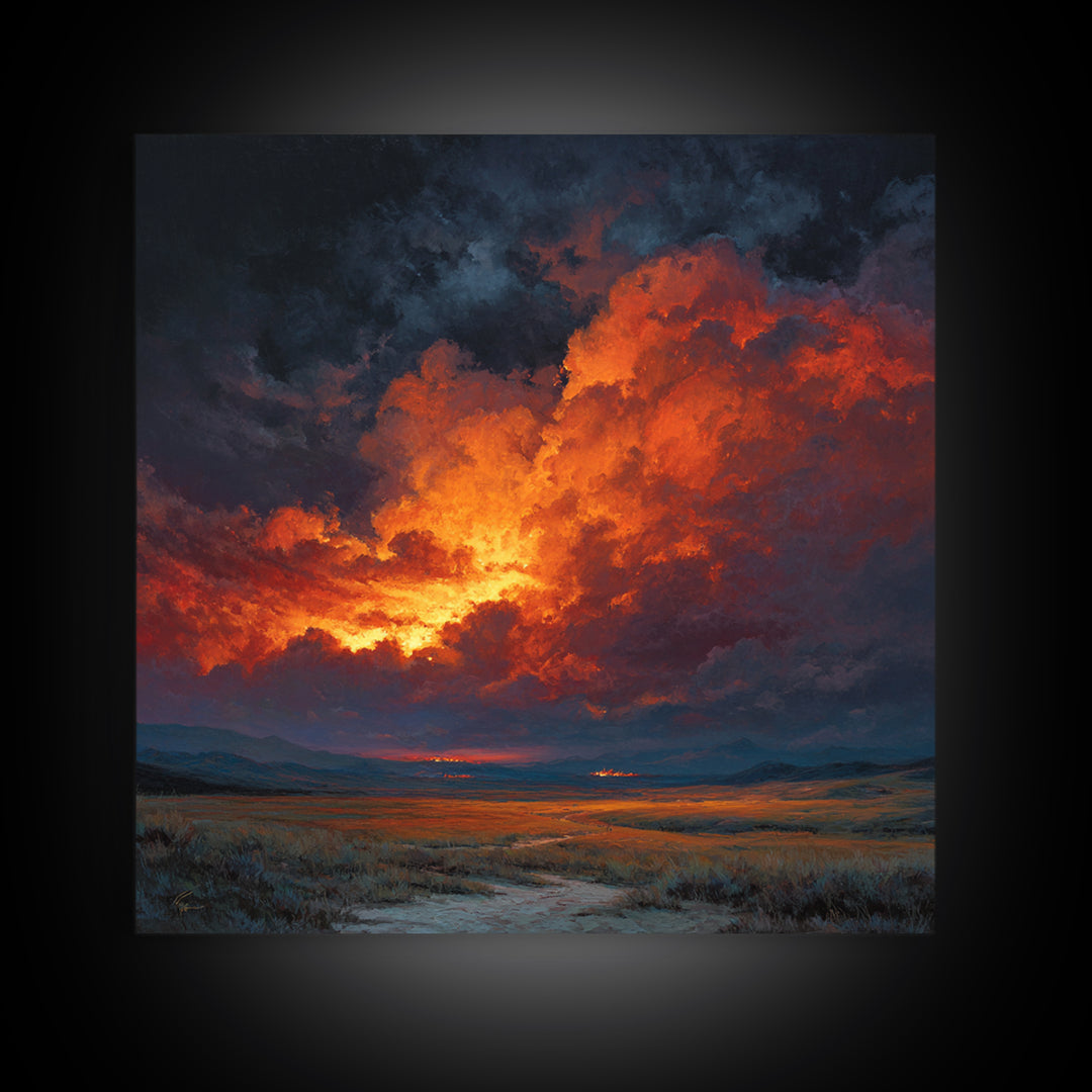 Dramatic Sunset Storm Cloud Landscape Wall Art, Fiery Sky Canvas Print, Modern Living Room Statement Artwork