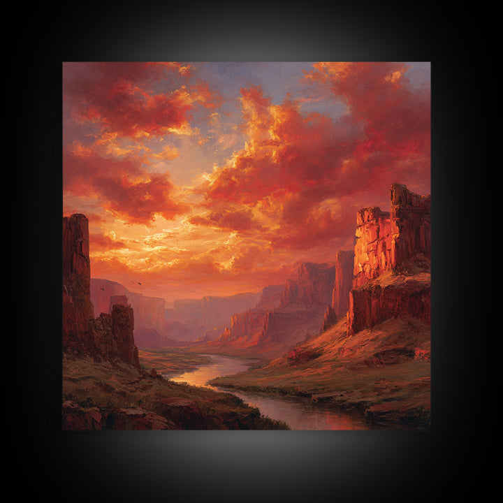 Majestic Canyon River Landscape At Sunset Wall Art Oil Painting Framed Canvas Print Rustic Home Decor