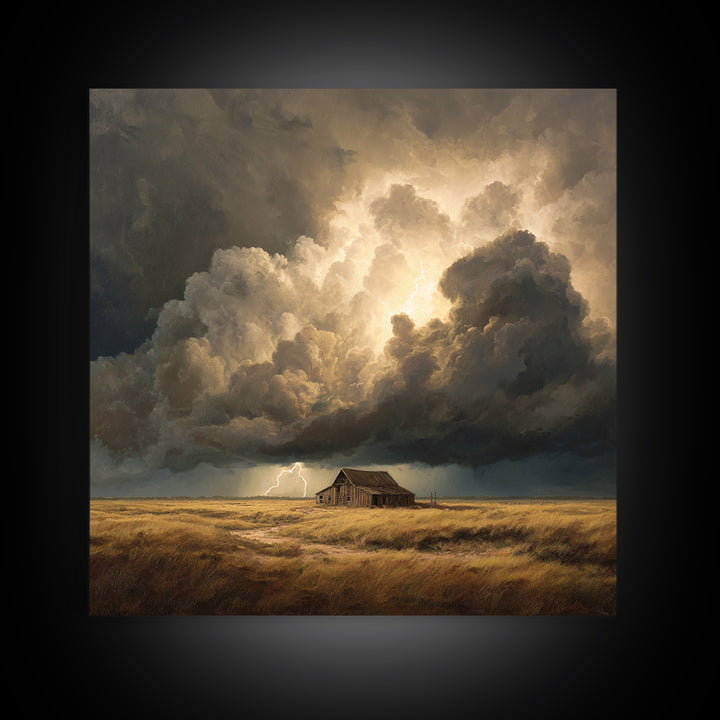 Stormy Sky Over Rustic Barn Landscape Painting Wall Art, Dramatic Lightning Cloud Print, Country Farmhouse Rustic Decor