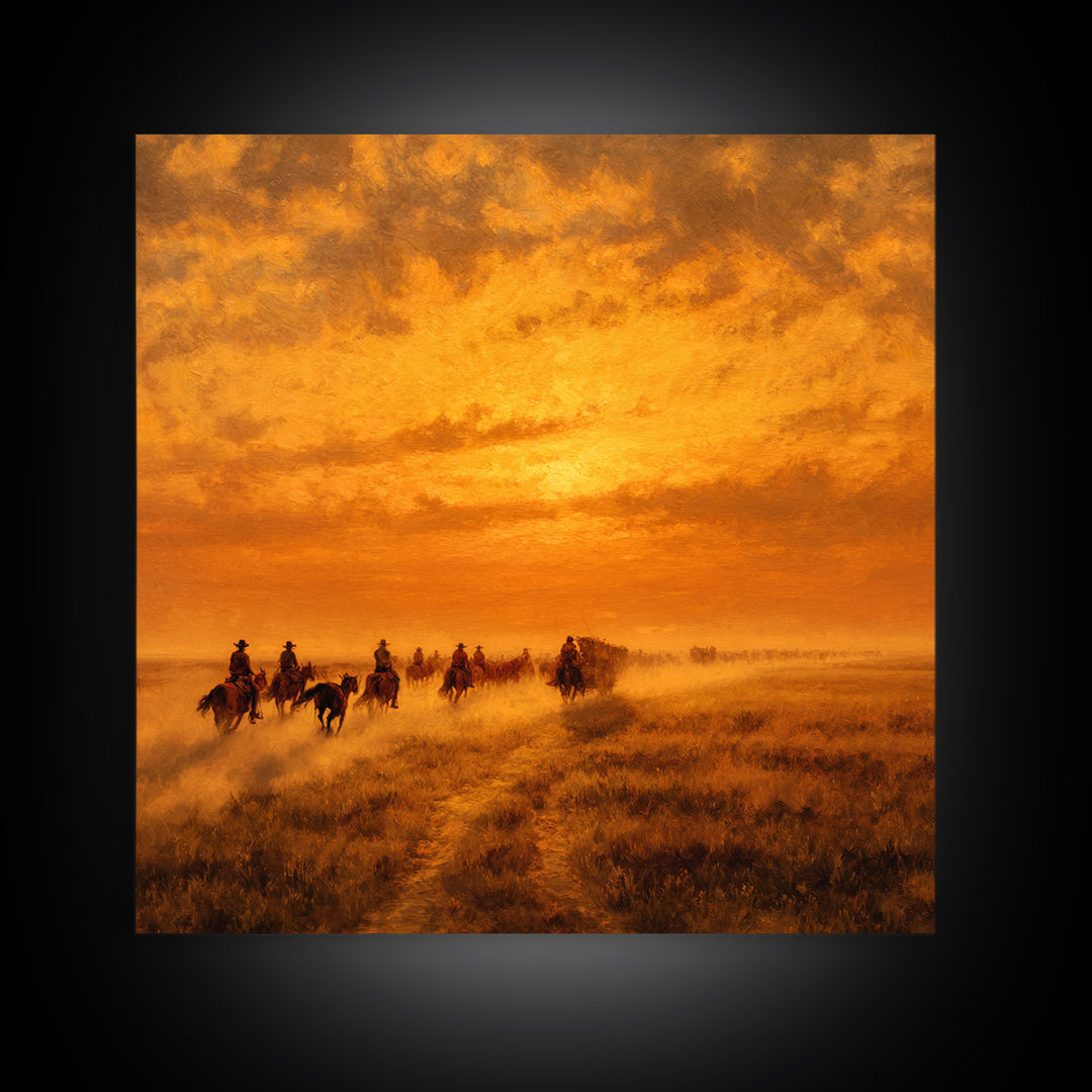 Western Cowboy Cattle Drive At Sunset Wall Art, Desert Landscape Print, Rustic Home Decor, Living Room Wall Art Canvas Print