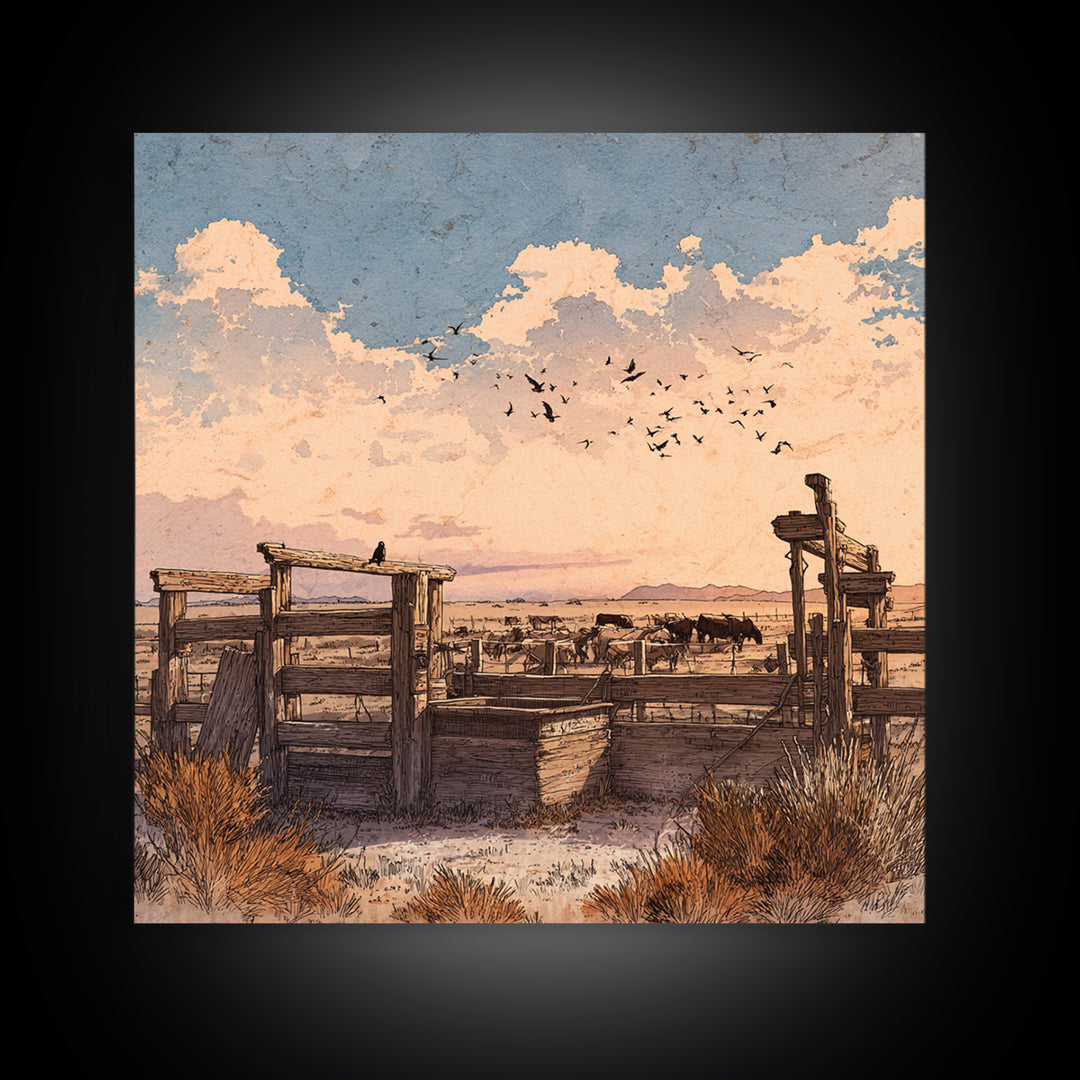 Western Ranch At Sunset Wall Art, Rustic Cowboy Landscape Canvas Print, Desert Farmhouse Decor For Living Room Or Office