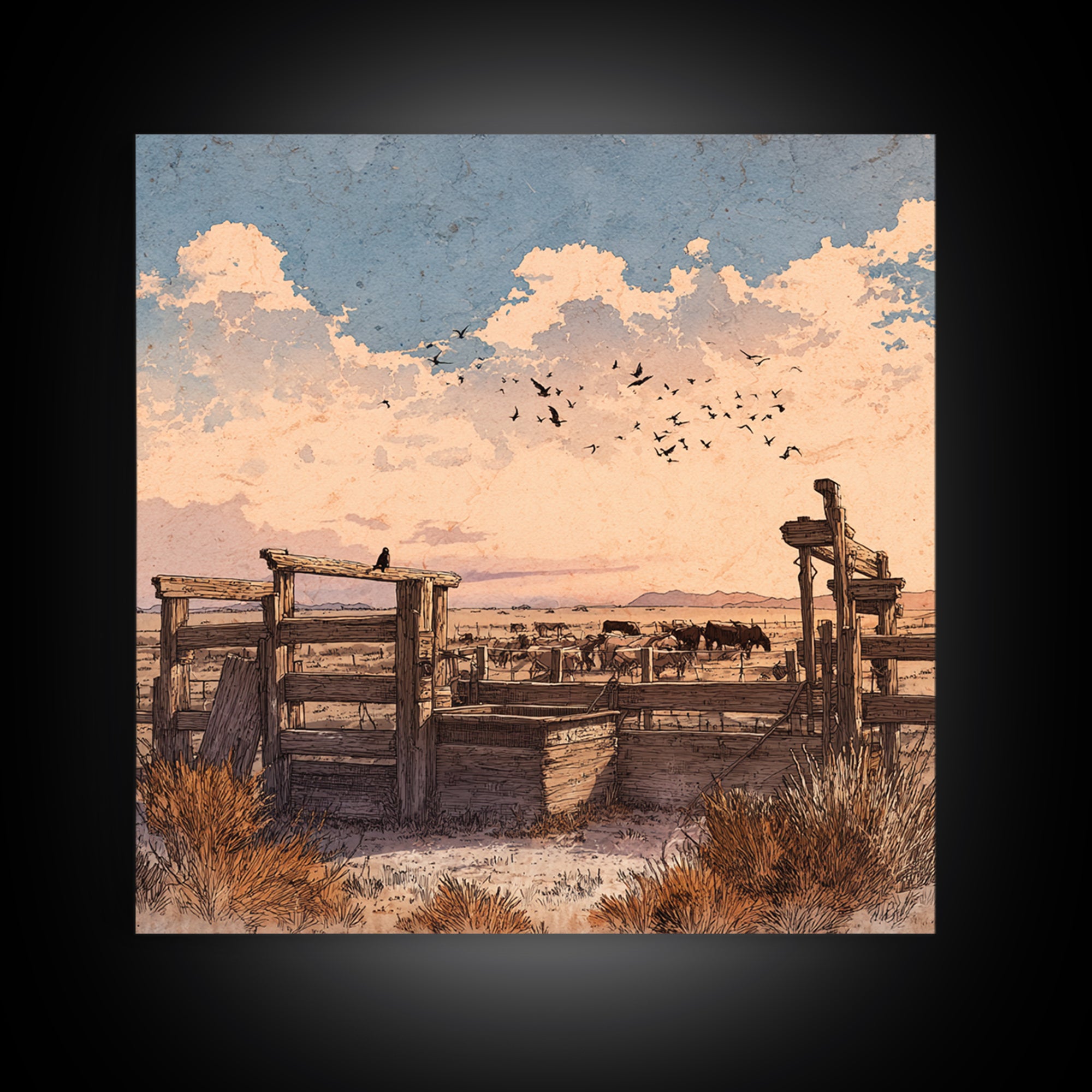 Western Ranch At Sunset Wall Art, Rustic Cowboy Landscape Canvas Print, Desert Farmhouse Decor For Living Room Or Office
