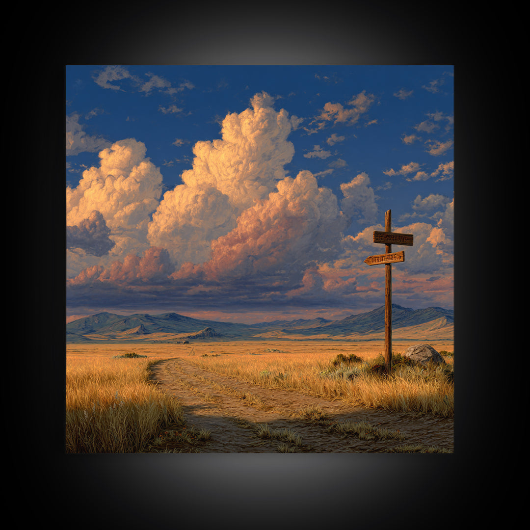 Golden Prairie Road At Crossroads Landscape Wall Art For Rustic Home Decor, Western Country Living Room Canvas Print