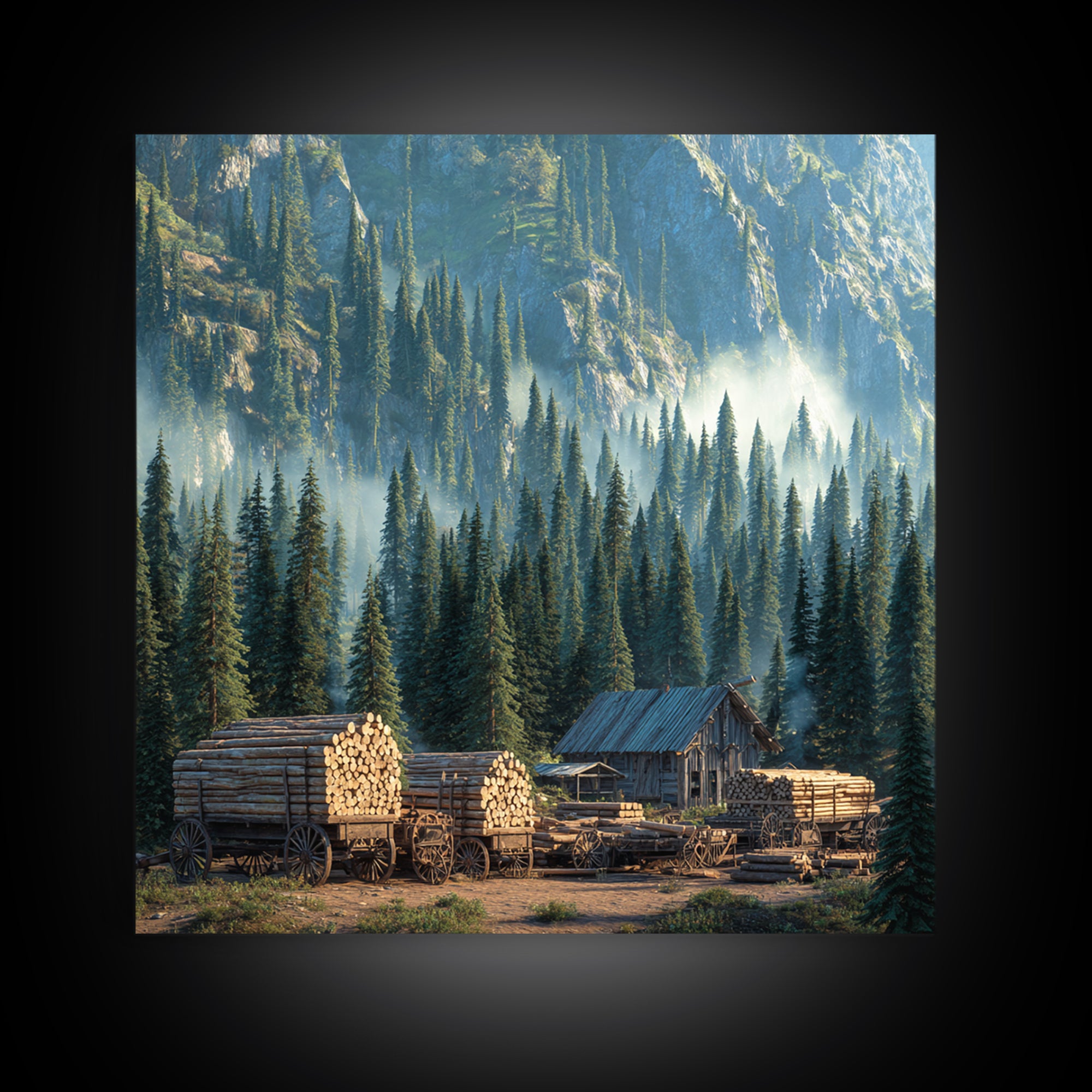 Cozy Cabin In Misty Pine Forest Wall Art, Rustic Mountain Landscape Canvas Print, Farmhouse Country Home Decor