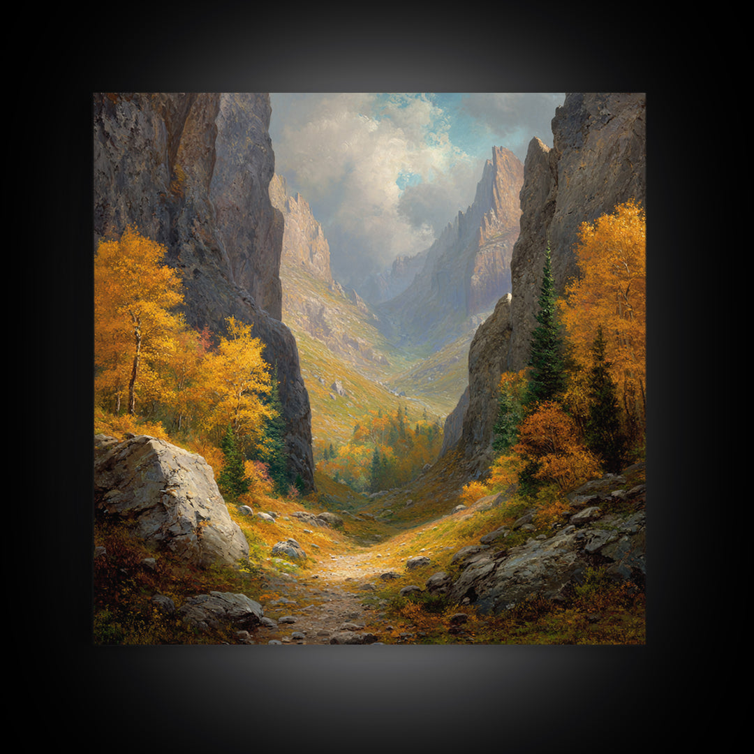 Golden Autumn Mountain Valley Path Landscape Wall Art, Cozy Fall Forest Canyon Living Room Canvas Print