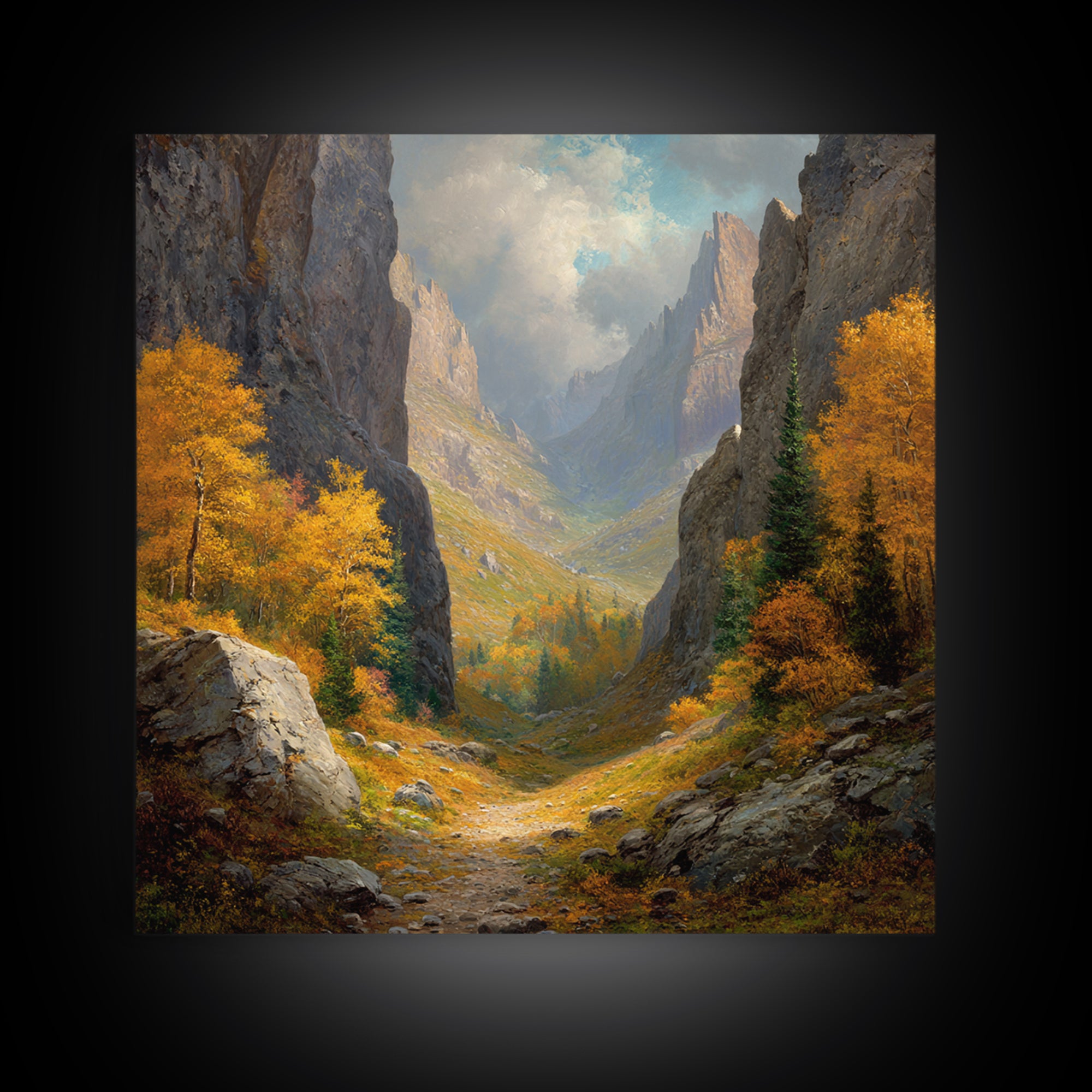 Golden Autumn Mountain Valley Path Landscape Wall Art, Cozy Fall Forest Canyon Living Room Canvas Print