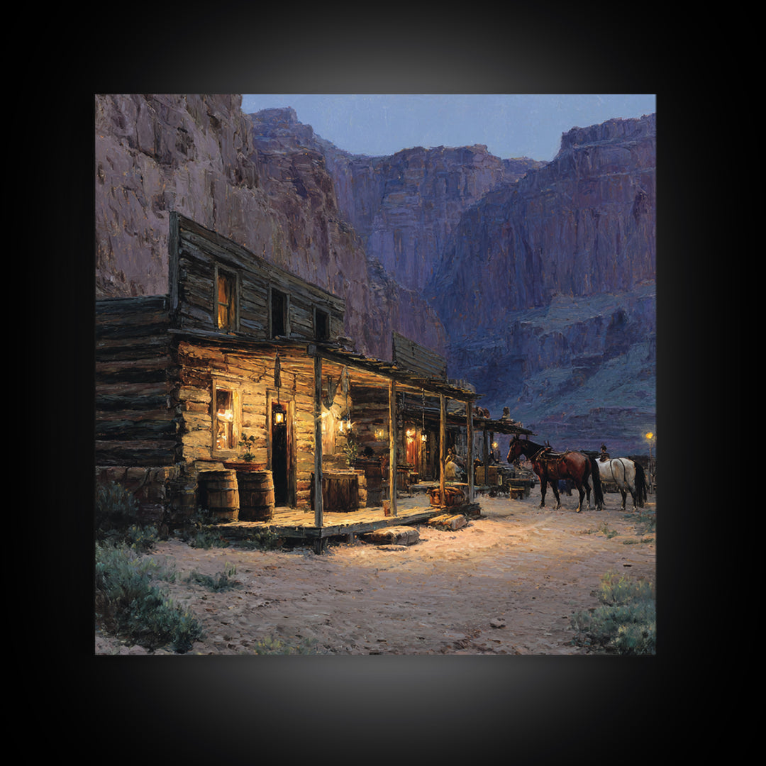 Cozy Old Western Cabin At Dusk Wall Art, Rustic Farmhouse Landscape Print, Country Home Decor, Living Room Rustic Canvas Print
