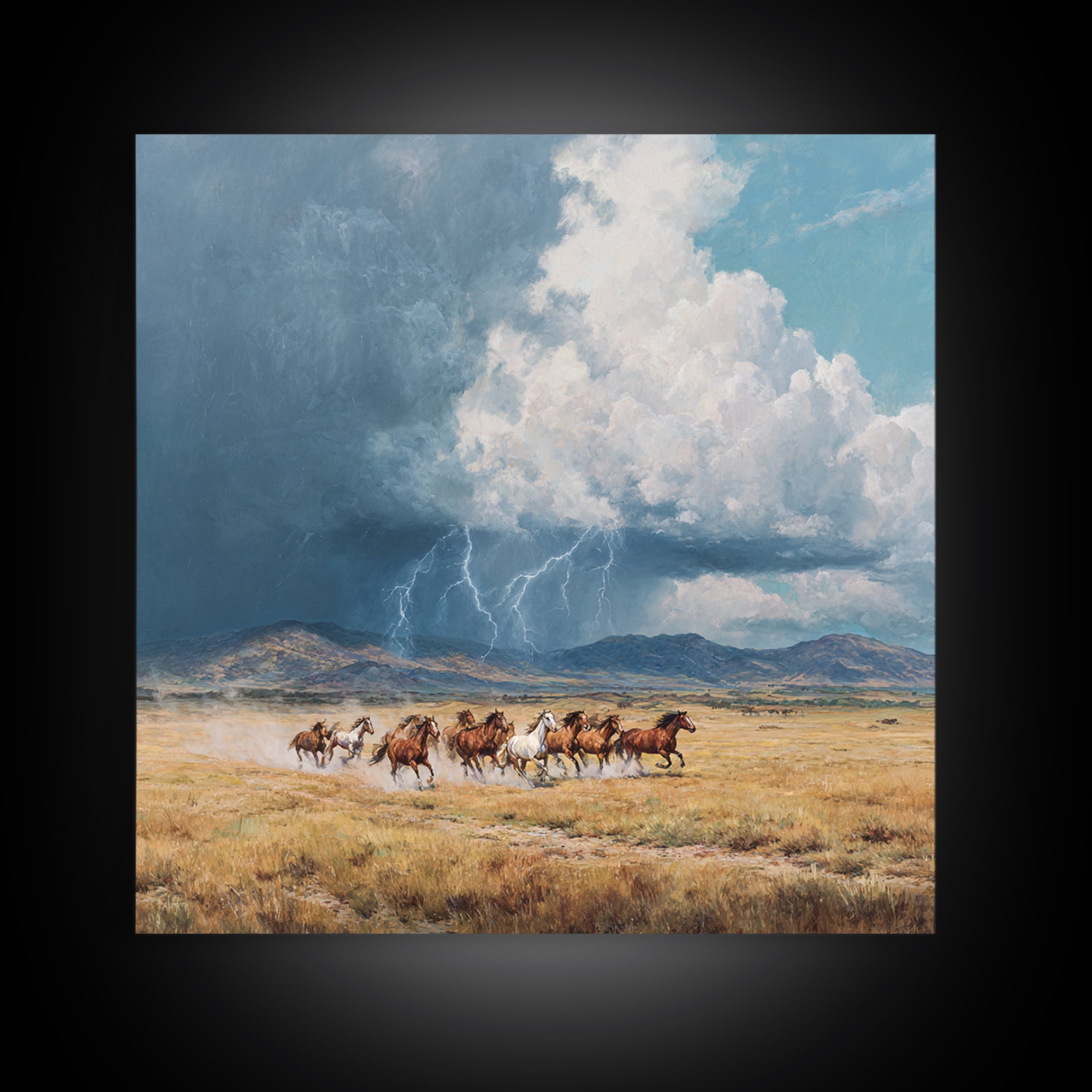 Wild Horses Running Under Stormy Sky Landscape Wall Art Canvas Print Western Country Decor Large Landscape Painting