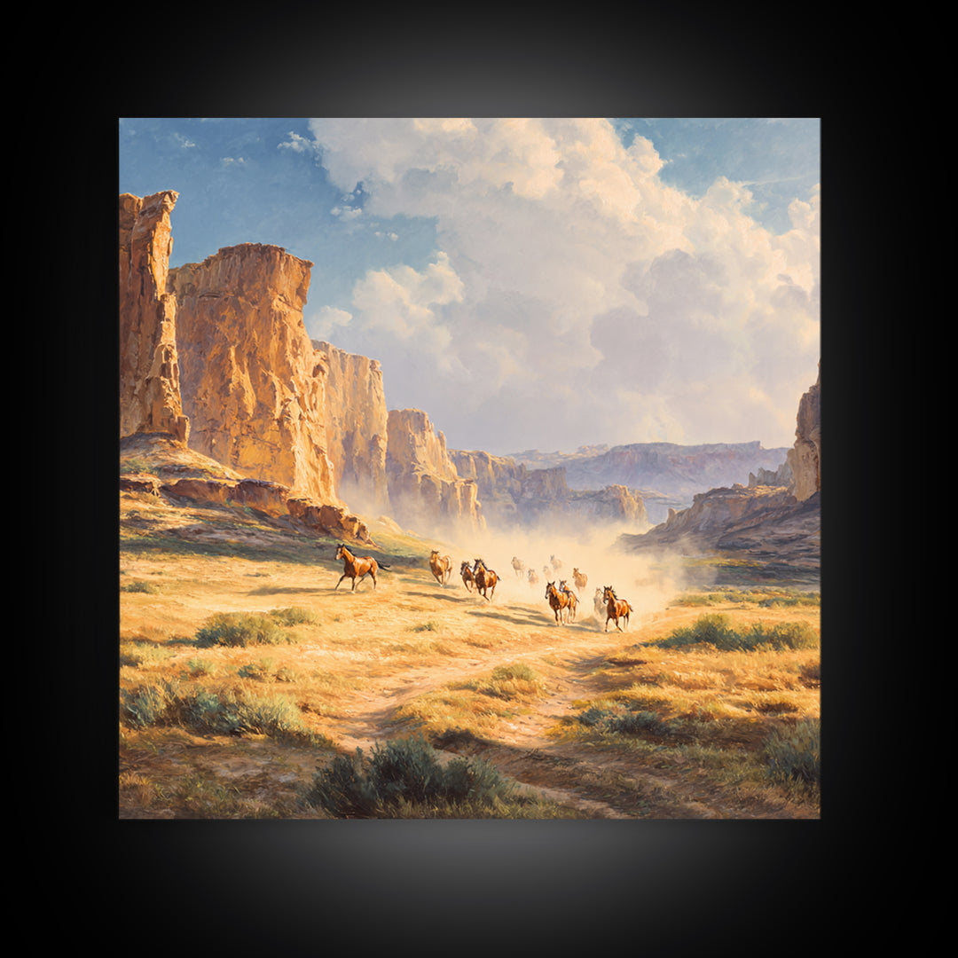 Wild Mustangs Running Through Desert Canyon Landscape Wall Art Western Country Home Decor Large Modern Landscape Print