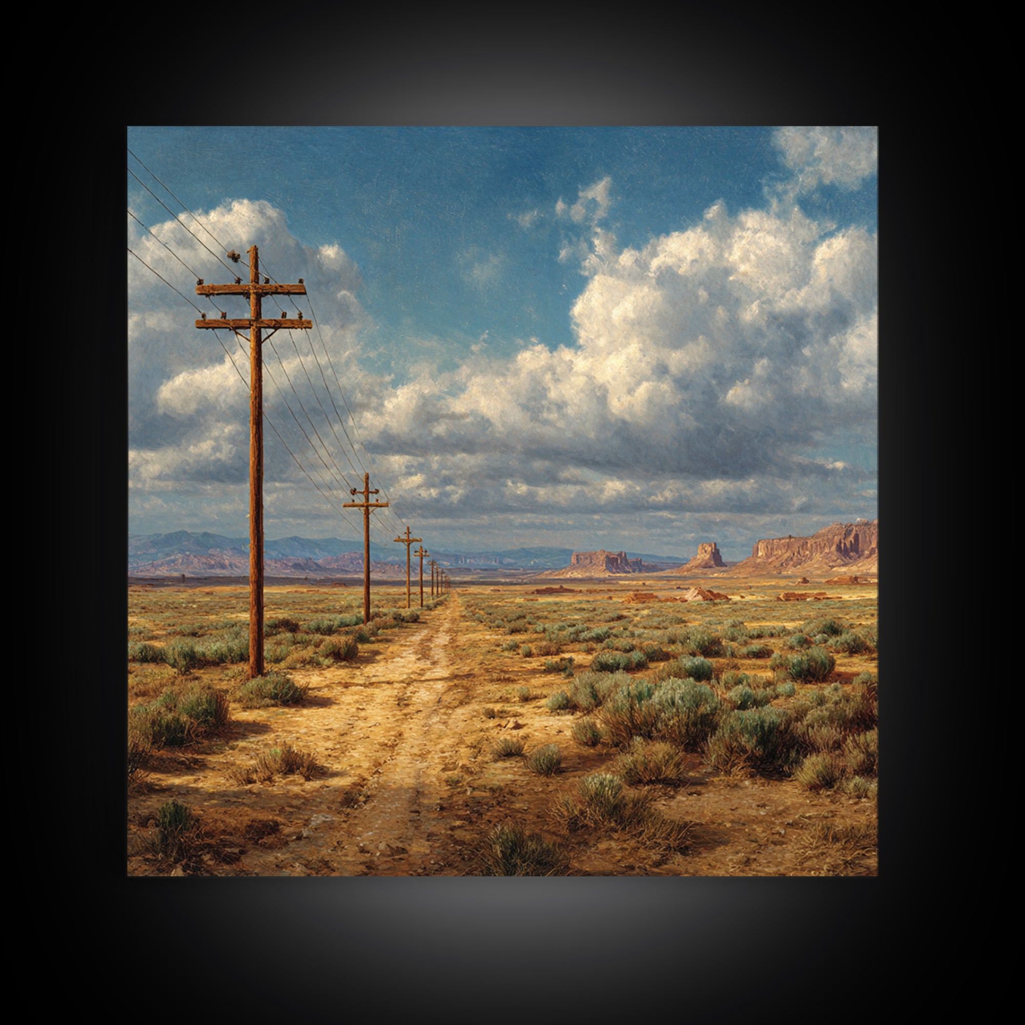 Desert Telephone Poles Landscape Wall Art Print, Rustic Country Road Western Decor, Neutral Landscape Canvas Print For Living Room