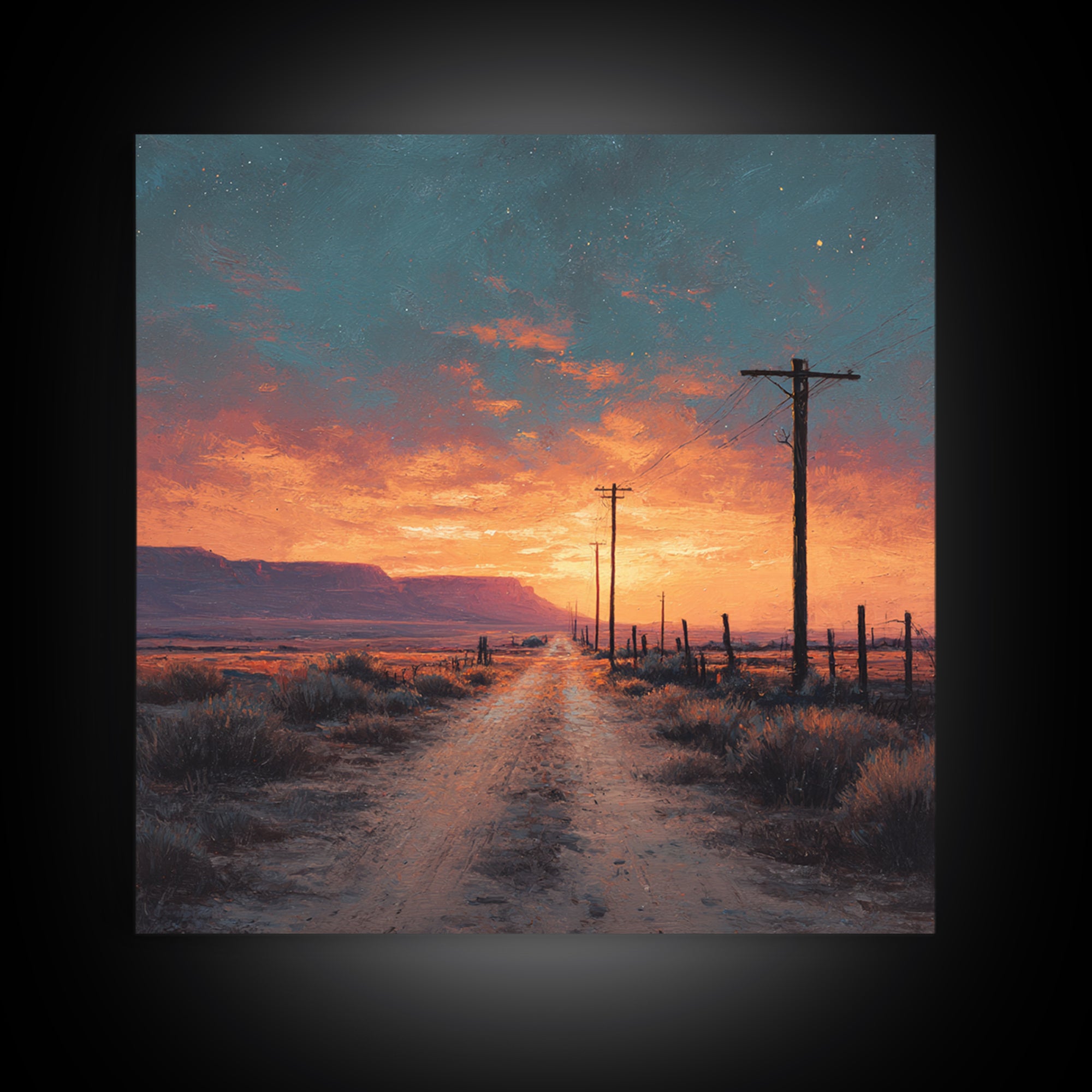 Country Dirt Road Sunset Landscape Wall Art, Warm Rustic Western Painting, Farmhouse Home Decor Large Framed Canvas Print