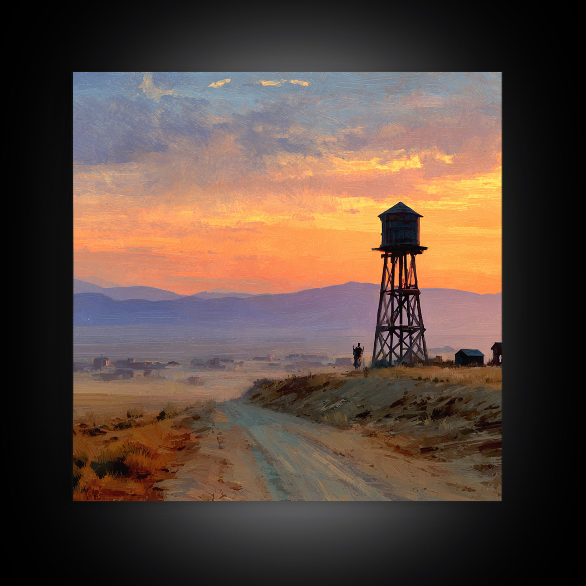 Western Sunset Water Tower Landscape Wall Art, Cowboy Desert Road Canvas Print, Rustic Country Home Decor For Living Room Or Office