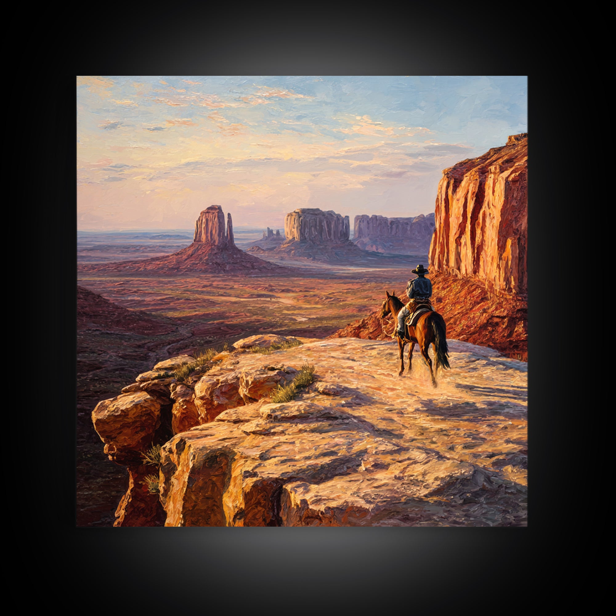 Cowboy Overlooking Monument Valley Wall Art, Western Desert Landscape Canvas Print For Rustic Western Home Decor