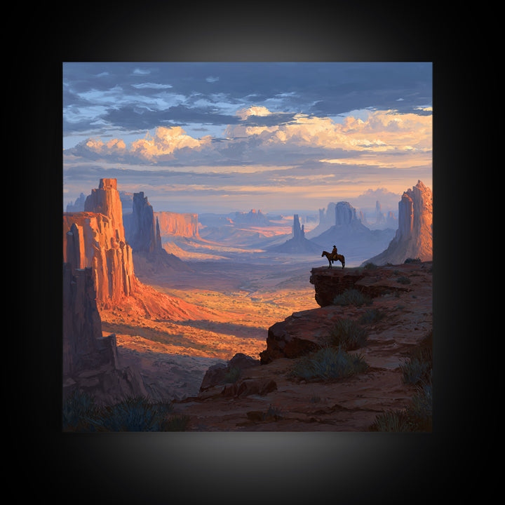Monument Valley Cowboy Panorama Wall Art, Western Desert Landscape Canvas Print, Large Rustic Living Room Decor