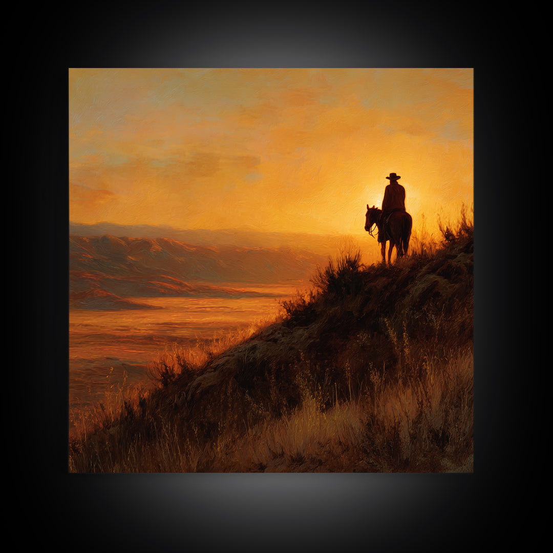 Western Cowboy Sunset Hill Painting Wall Art, Rustic Horse Rider Canvas Print, Warm Desert Landscape Home Decor