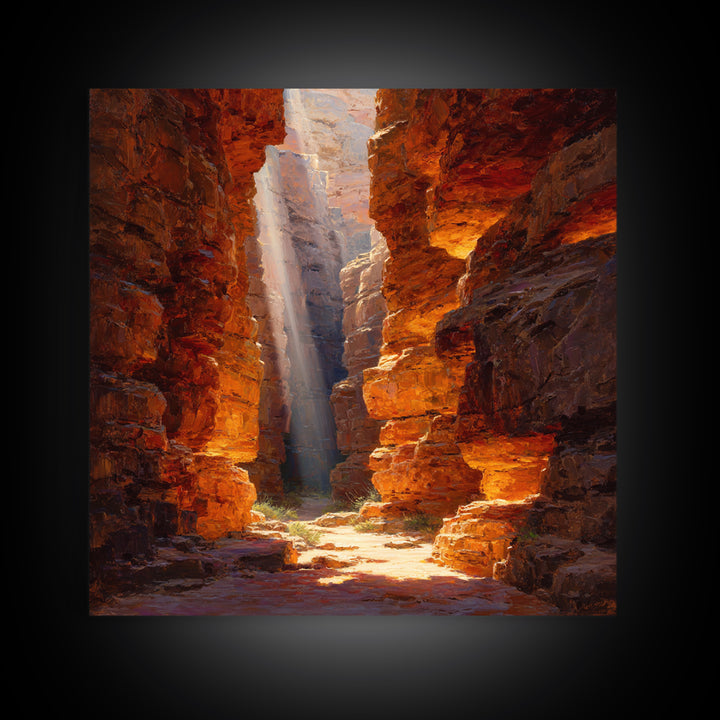 Golden Canyon Sun Rays Desert Landscape Wall Art Print, Southwestern Rustic Decor, Warm Nature Painting Living Room Art