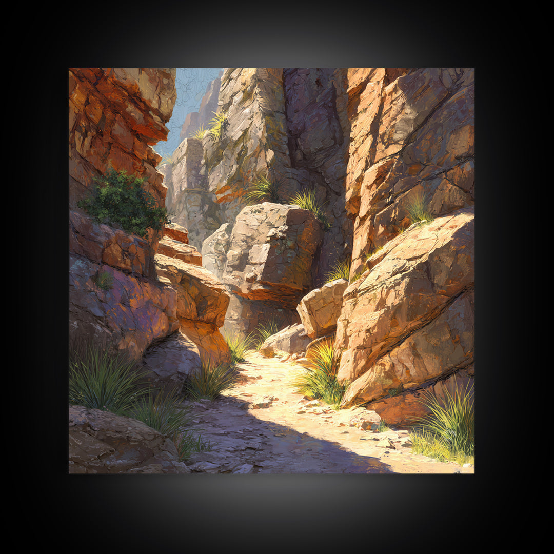 Sunlit Desert Canyon Trail Landscape Wall Art, Warm Southwest Rocks And Sage Green Nature Canvas Print