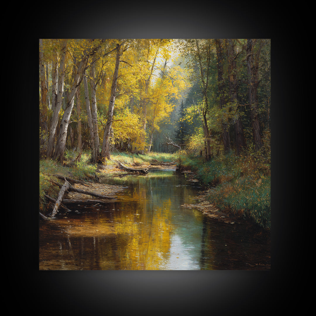 Golden Forest Creek Wall Art, Autumn Landscape Canvas Print, Rustic Nature Painting For Cozy Living Room Decor