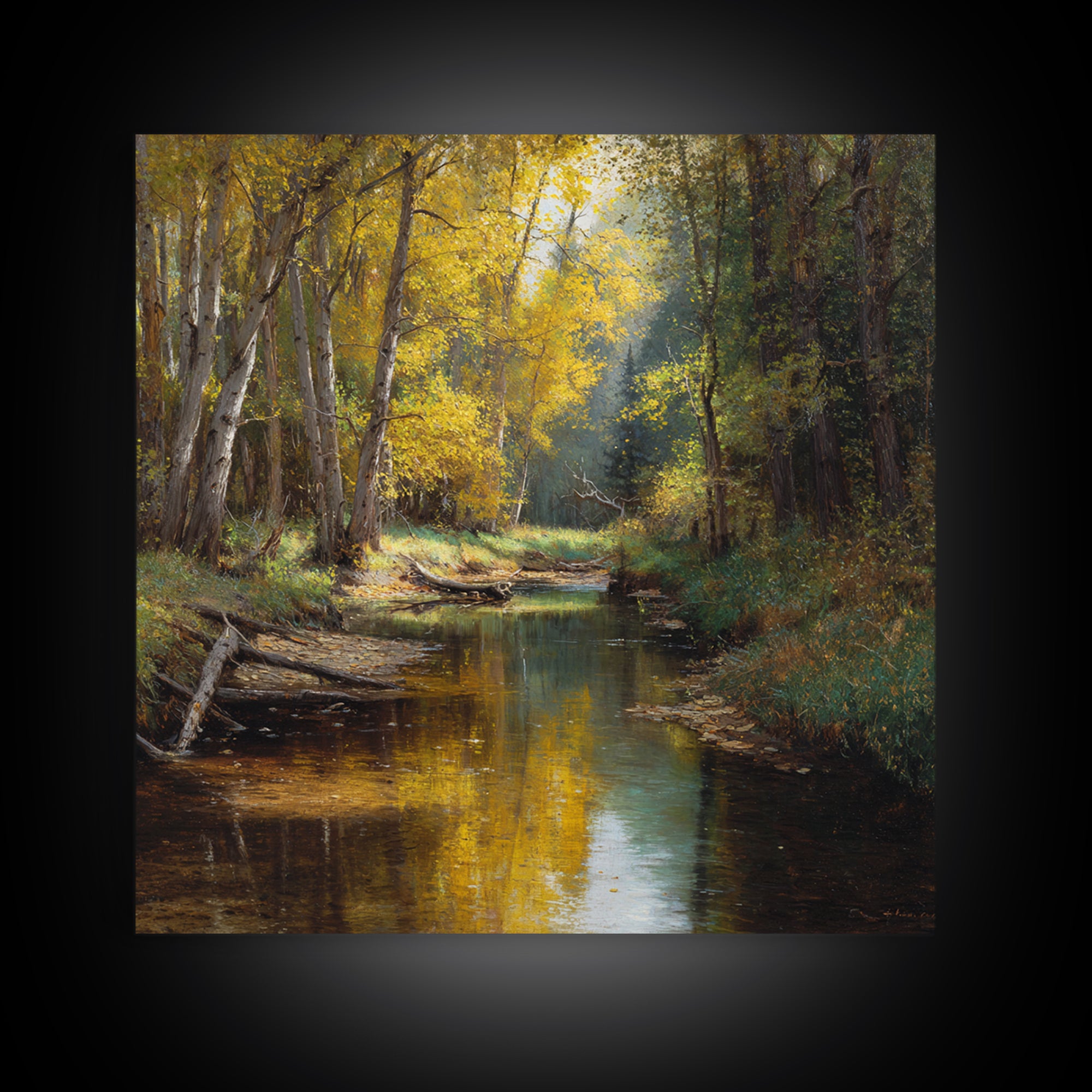 Golden Forest Creek Wall Art, Autumn Landscape Canvas Print, Rustic Nature Painting For Cozy Living Room Decor