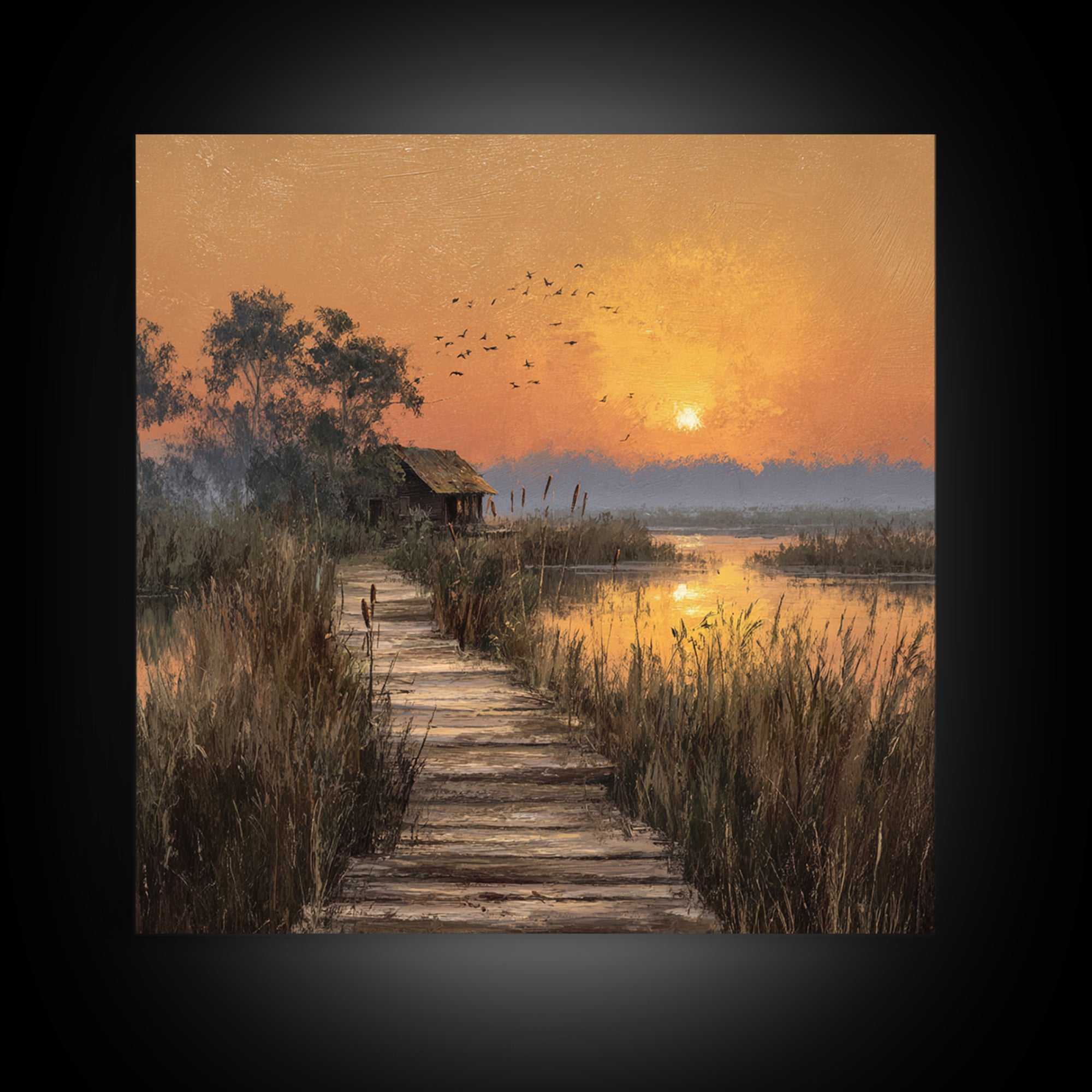 Peaceful Sunset Over Lakeside Cabin And Boardwalk Nature Landscape Wall Art Framed Canvas Print For Living Room