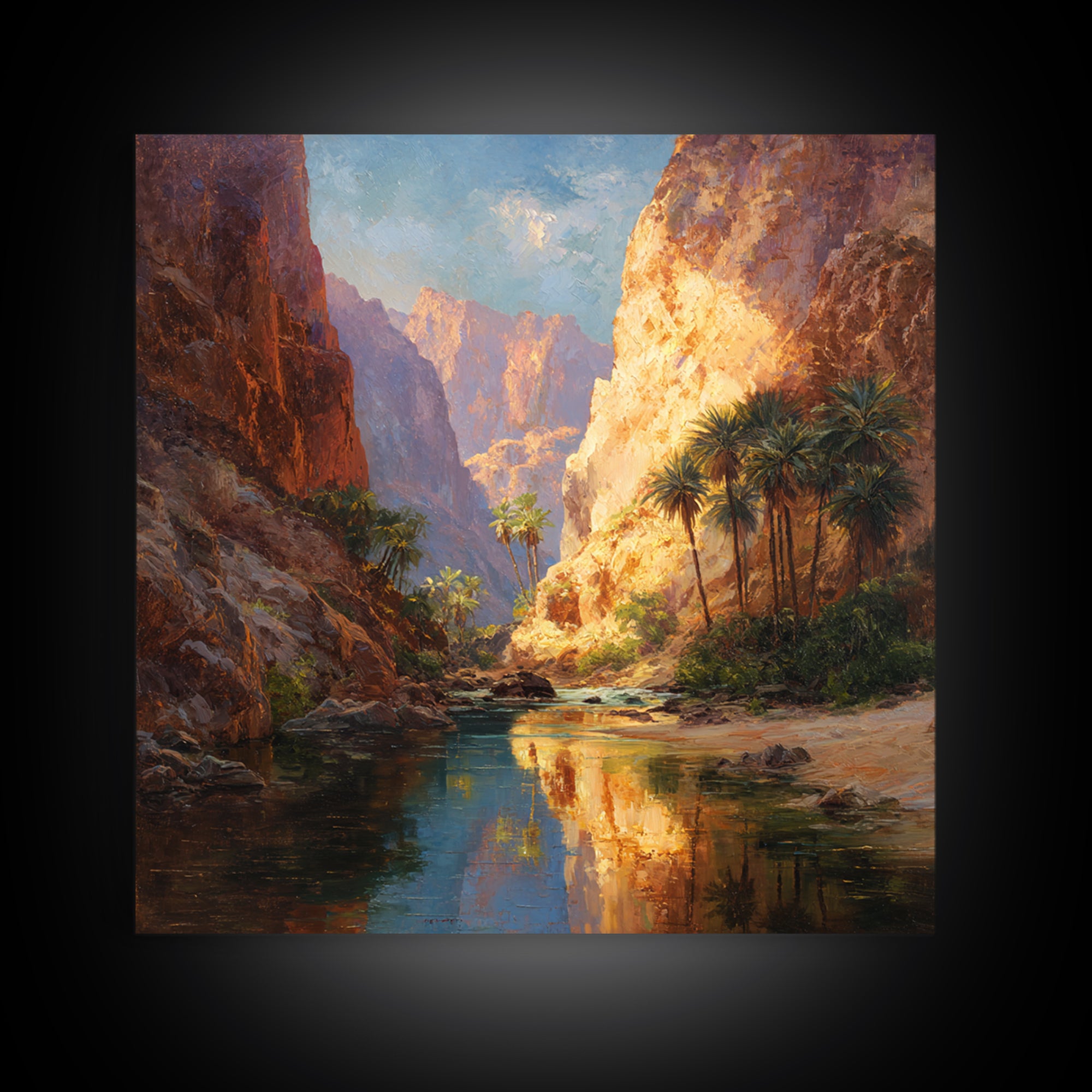 Sunlit Desert Canyon Oasis Landscape Wall Art Canvas Print, Modern Southwestern Nature Painting For Living Room Home Decor