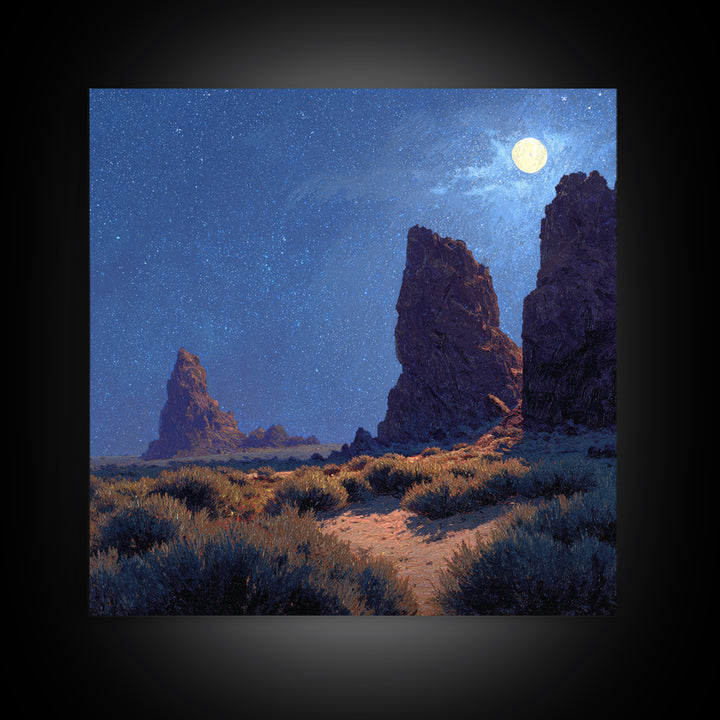 Moonlit Desert Rocks Wall Art, Night Sky Landscape Painting, Southwestern Stars Print, Calming Rustic Home Decor Canvas Print