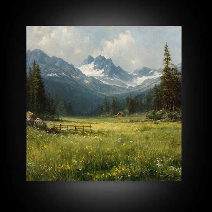 Alpine Meadow Cabin Landscape Wall Art, Mountain Valley Oil Painting Print, Rustic Country Home Decor Living Room Wall Art