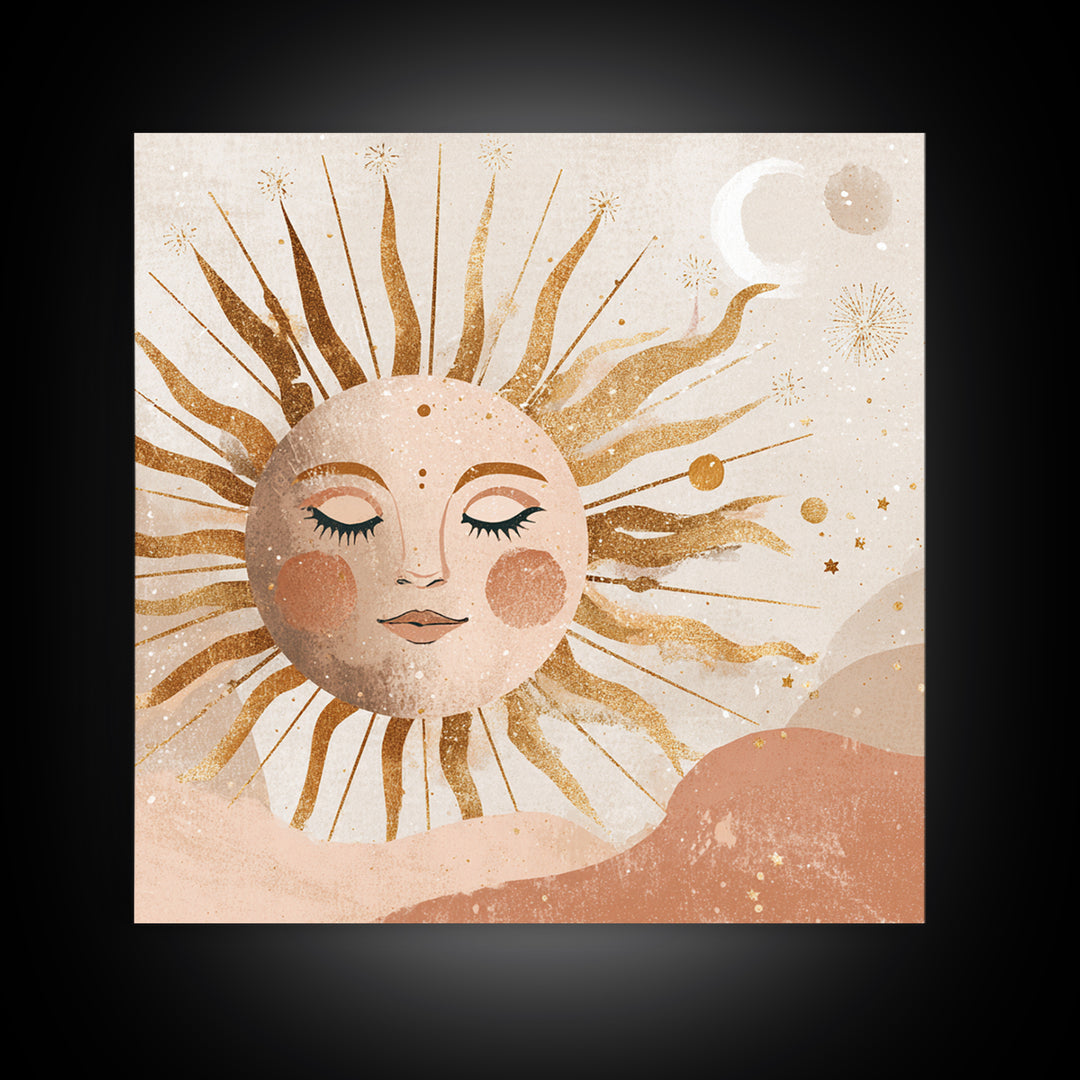 Boho Sun And Moon Wall Art, Celestial Gold Face Print, Whimsical Nursery Decor, Spiritual Bedroom Canvas Gift For Her Home Decor