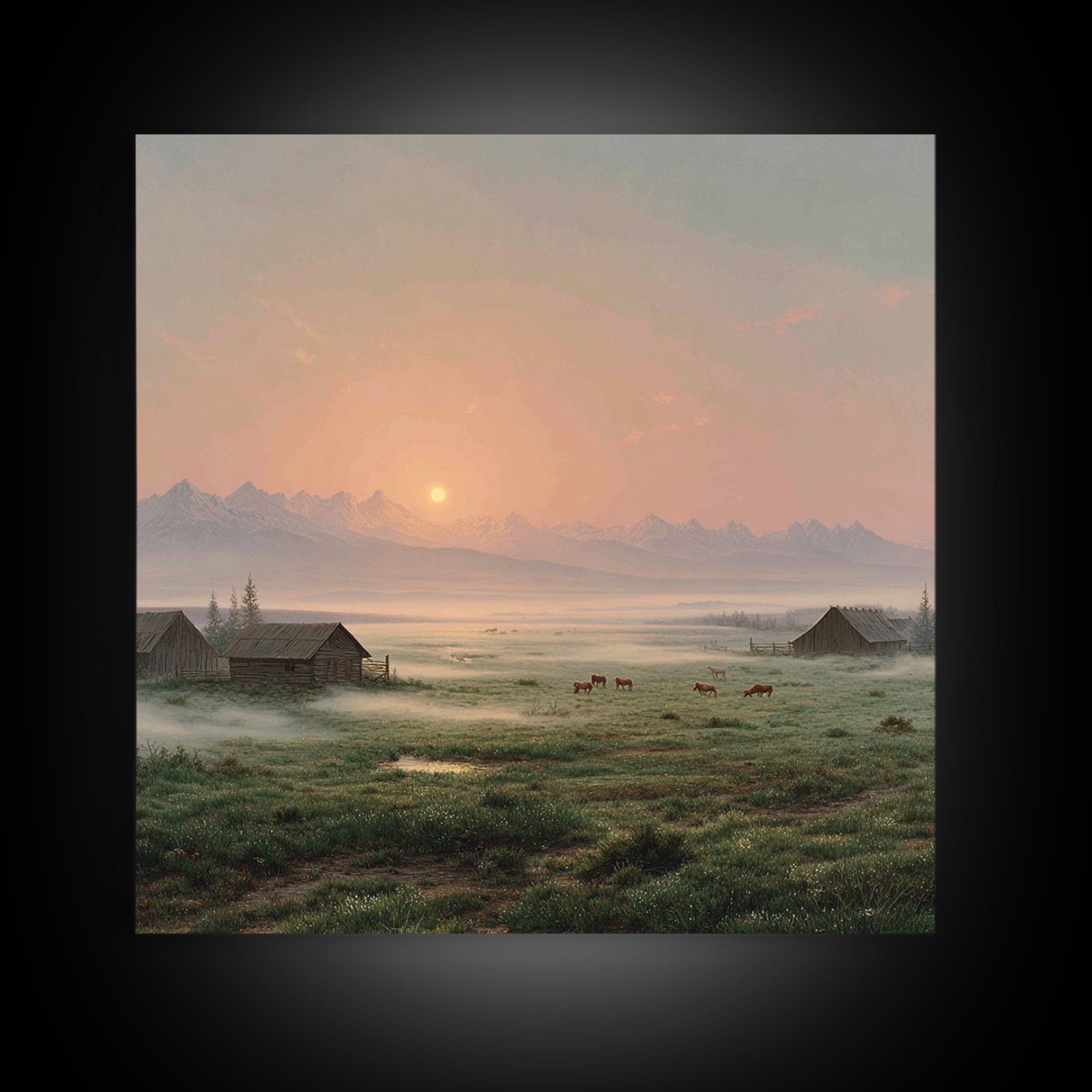 Misty Sunrise Farm Landscape Wall Art, Rustic Country Barn Pasture Print, Farmhouse Wall Decor Living Room Wall Art