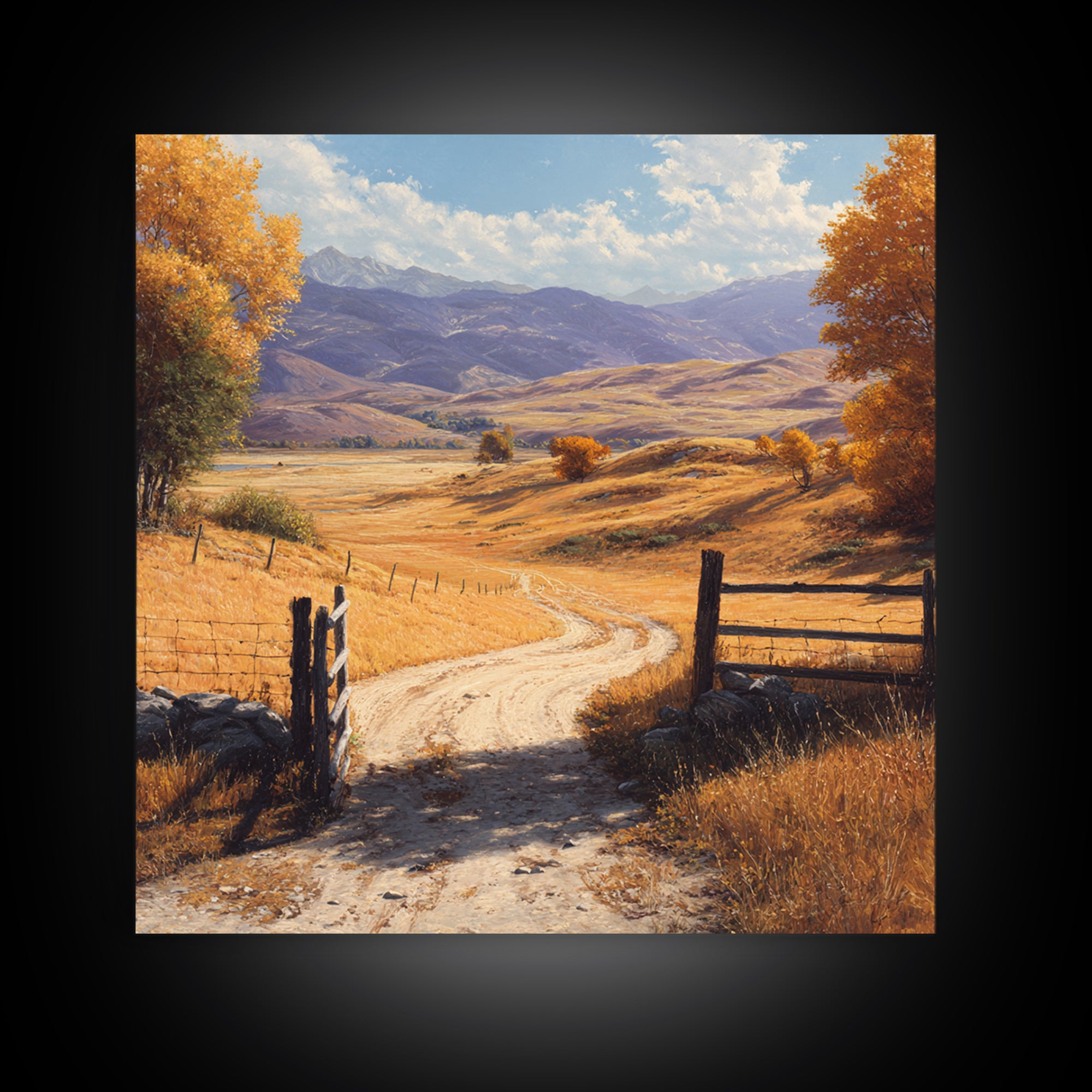 Golden Country Road Autumn Landscape Wall Art, Rustic Farmhouse Canvas Print For Cozy Living Room Decor