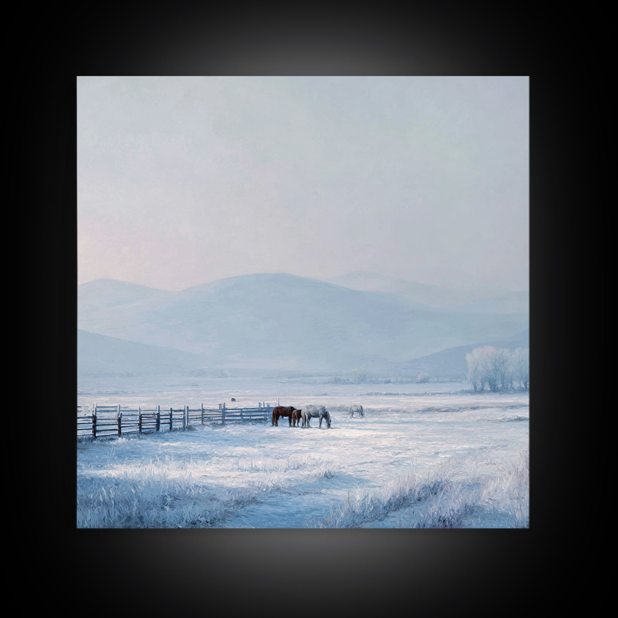 Idyllic Winter Landscape With Horses And Mountains Peaceful Snow Scene Wall Art Framed Canvas Print For Cozy Home Decor
