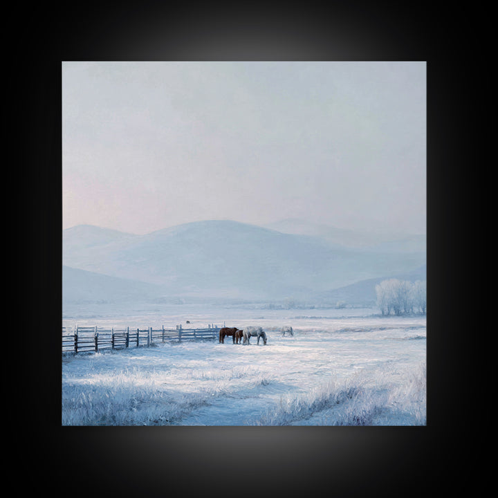 Idyllic Winter Landscape With Horses And Mountains Peaceful Snow Scene Wall Art Framed Canvas Print For Cozy Home Decor
