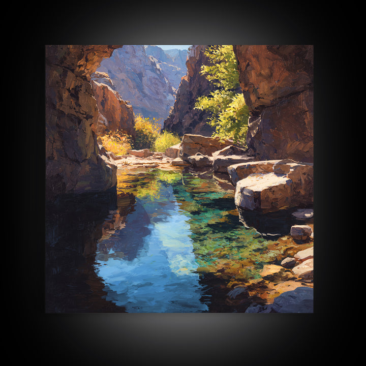 Sunlit Canyon Creek Landscape Oil Painting Wall Art, Nature Mountain Stream Canvas Print, Rustic Cabin Decor Modern Landscape