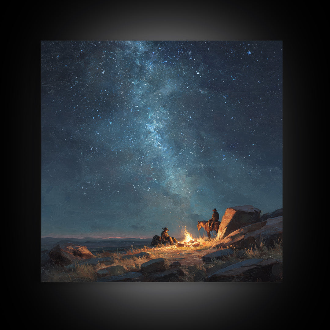 Cowboys By Campfire Under Milky Way Night Sky Wall Art Print, Western Landscape Painting, Rustic Country Home Decor Art