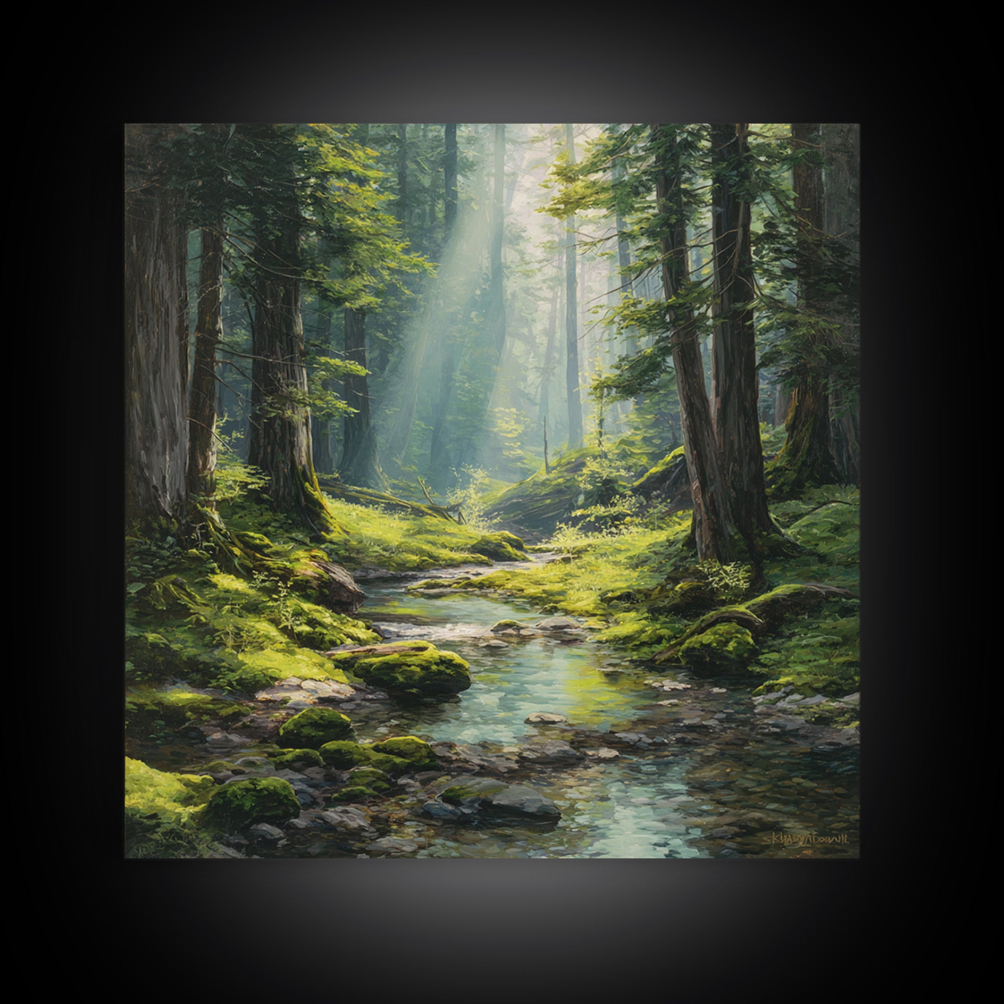 Sunlit Forest Creek Landscape Wall Art Nature Painting Canvas Print Rustic Home Decor Cabin Living Room Wall Art