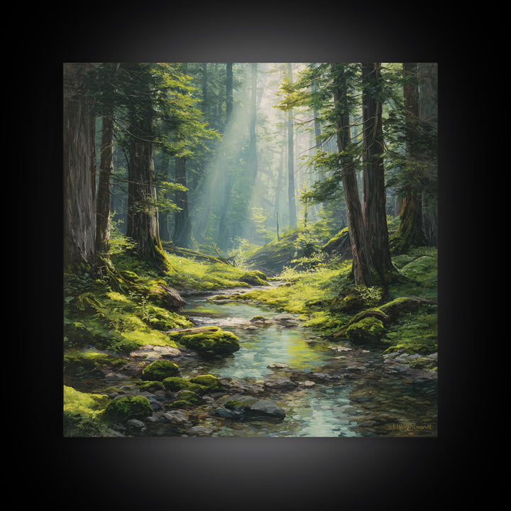 Sunlit Forest Creek Landscape Wall Art Nature Painting Canvas Print Rustic Home Decor Cabin Living Room Wall Art